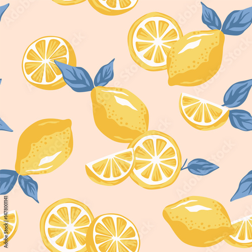 Lemon fruit seamless pattern. Exotic summer wallpaper.