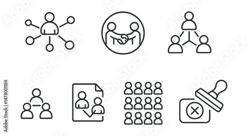 Line style icons of political power dynamics: influence web diagram, political negotiation badge, coalition-building chart, majority rule icon, minority bloc symbol, strategic alliance file, voting