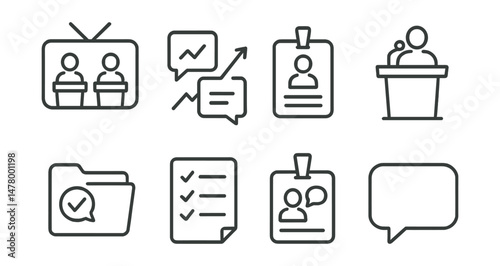 Line style icons of political debate and media: televised debate icon, policy vs policy chart, moderator badge, press conference podium, editorial opinion file, debate prep sheet, interview session