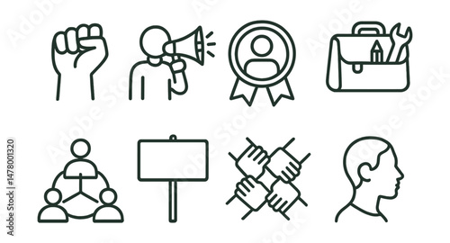 Line style icons of activist identity: raised fist icon, protester with megaphone, community organizer badge, activist toolkit bag, grassroots network symbol, advocacy signboard, unity chain hands,