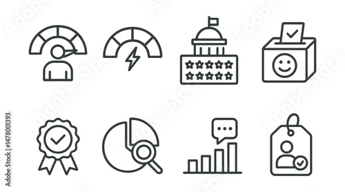Line style icons of political trust and engagement: citizen trust meter, political polarization gauge, civic trust score, democracy satisfaction icon, voting motivation badge, political interest pie,