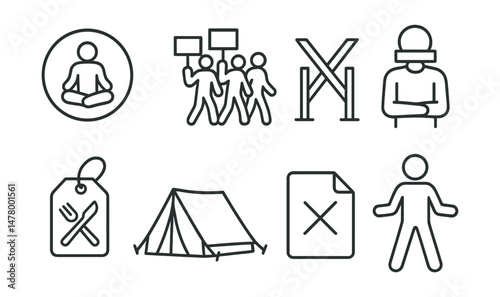 Line style icons of civil disobedience: sit-in protest badge, march crowd icon, symbolic blockade symbol, silent protest pose, hunger strike tag, occupation tent icon, dissent letter file, nonviolent