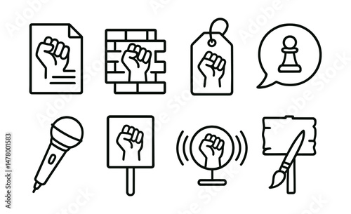 Line style icons of activist expression: protest poetry file, activist mural icon, campaign zine tag, political cartoon bubble, spoken word mic, creative placard, activist podcast symbol, DIY protest