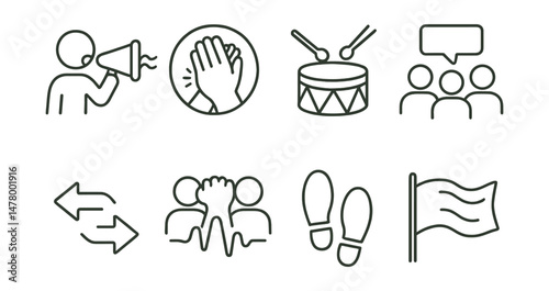 Line style icons of protest energy: chant wave icon, solidarity clap badge, drum rhythm line, group shout bubble, call-and-response arrows, crowd momentum pulse, coordinated step symbol, banner wave
