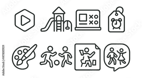 Line style icons of play and leisure: play as a right badge, local play space icon, after-school fun board, weekend free time tag, artistic expression chart, safe outdoor games symbol, creative toys