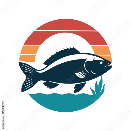  Sea Bass Underwater Scene Silhouette Retro Vintage Vector Art