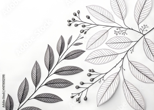Black and white minimalist background with hand-drawn line art of leaves and branches, isolated on clean white background, modern and elegant botanical composition, high resolution.