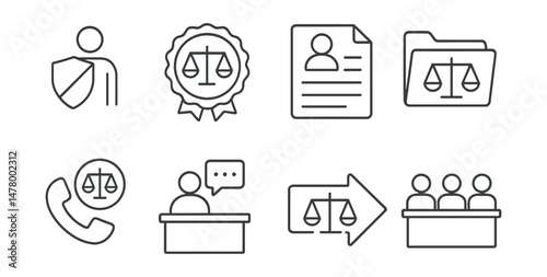 Line style icons of legal protections: anti-discrimination law icon, constitutional rights badge, rights complaint file, equality case folder, legal hotline phone, ombudsman service desk, justice