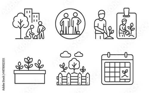 Line style icons of community greening: neighborhood tree planting icon, residents with shovels badge, local greening day flyer, urban nature volunteer tag, shared watering file, community planter