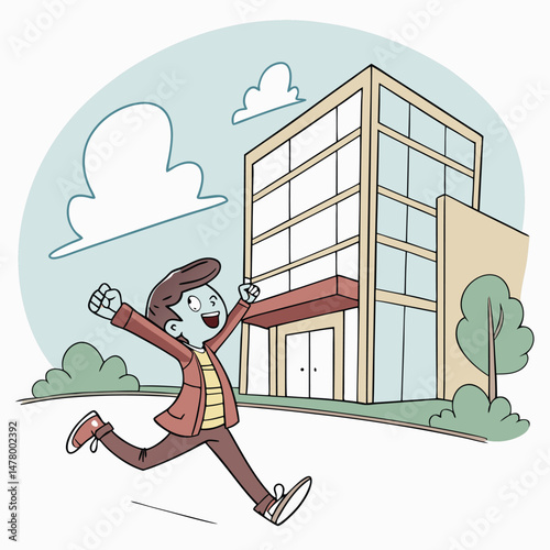 Boy is happily running towards the office Adobe Illustrator Artwork