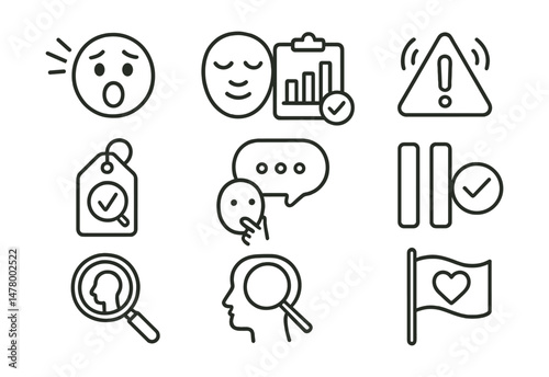 Line style icons of emotion vs evidence: emotion first reaction icon, calm check chart, sensational headline alert, fact-check before share tag, reflect before repost bubble, pause + verify symbol,