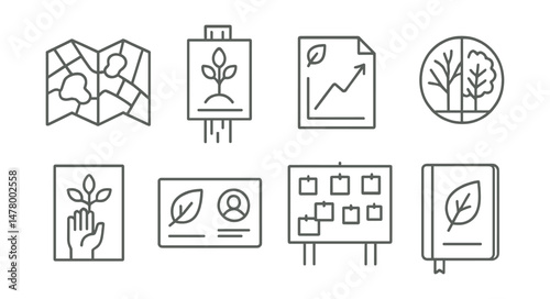 Line style icons of city greening communication: map with green zones icon, “plant this street” poster, greening impact graph file, before/after tree map badge, call for volunteers flyer, green