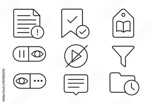 Line style icons of platform tools for media literacy: report content icon, save for later badge, read before share tag, pause and preview toggle, turn off autoplay icon, filter by source tag, see