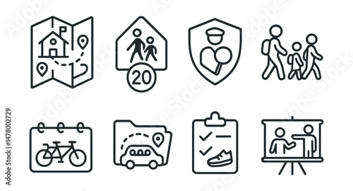 Line style icons of school mobility planning: safe routes to school map, school zone speed tag, crossing guard badge, walking school bus icon, bicycle storage board, family carpool route file, active