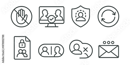 Line style icons of digital boundaries: say no to peer pressure tag, screen boundary agreement icon, personal space online badge, social reset button, stop oversharing file, healthy distance toggle,