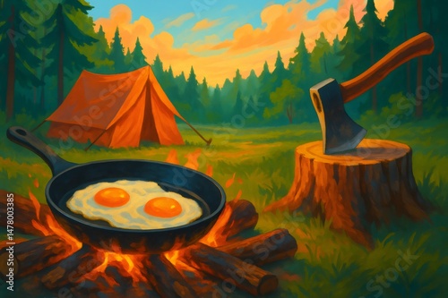 Campground scene with eggs cooking in frying pan over a campfire near a tent and an axe at sunset