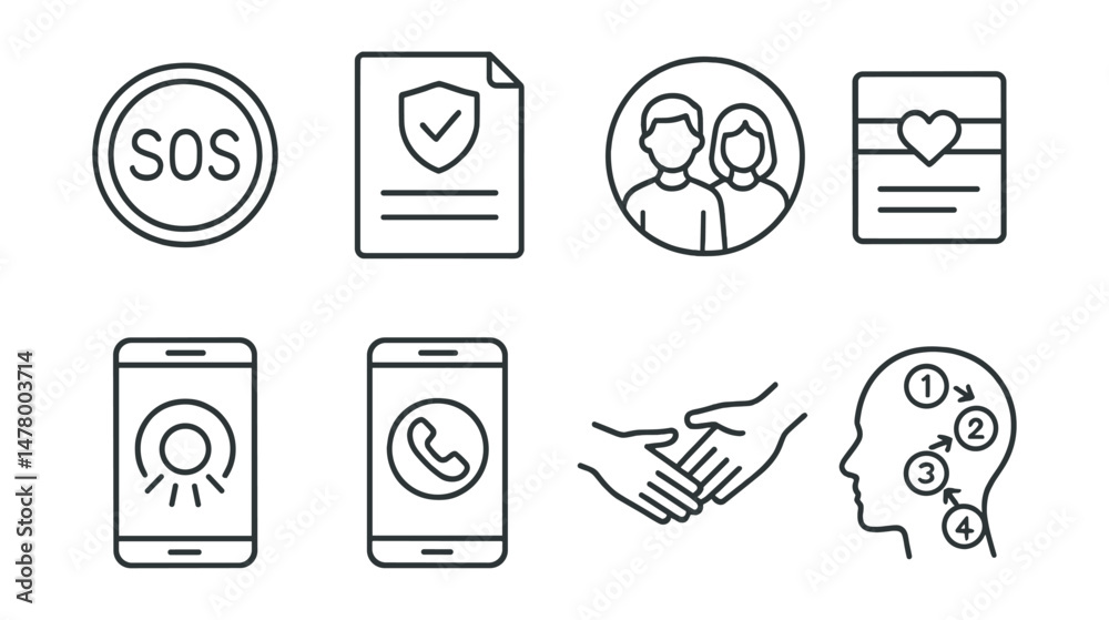 Line style icons of crisis support: SOS button icon, safety plan file, talk to trusted adult badge, suicide prevention card, panic button screen, hotline speed dial, reach out icon, emergency calming Line style icons of crisis support: SOS button icon, safety plan file, talk to trusted adult badge, suicide prevention card, panic button screen, hotline speed dial, reach out icon, emergency calming