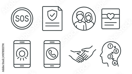 Line style icons of crisis support: SOS button icon, safety plan file, talk to trusted adult badge, suicide prevention card, panic button screen, hotline speed dial, reach out icon, emergency calming