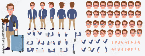 Man Character design. Front, side, back view and explainer animation poses. Character set with lip sync and facial expressions of Happy, angry, sad, Joy with Side walk cycle animation sequence sprite 