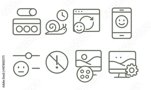 Line style icons of design for emotion regulation: soft palette toggle, slow animation icon, user emotion feedback loop, mood-responsive theme, user tone adjuster, high-stress mode off, color calm