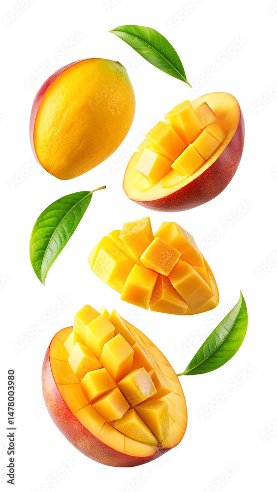 flying mango fruit and half slices isolated on transparent background Remove png, Clipping Path
