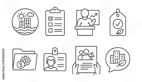 Line style icons of citizen engagement: city climate forum badge, petition board icon, town hall speaker chart, vote for climate tag, participatory budgeting file, youth representative card,
