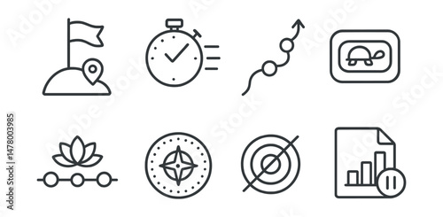 Line style icons of non-competitive goal setting: self-set milestone icon, pace tracker without leaderboard, individual path chart, “no rush” goal toggle, mindful journey timeline, explore at own