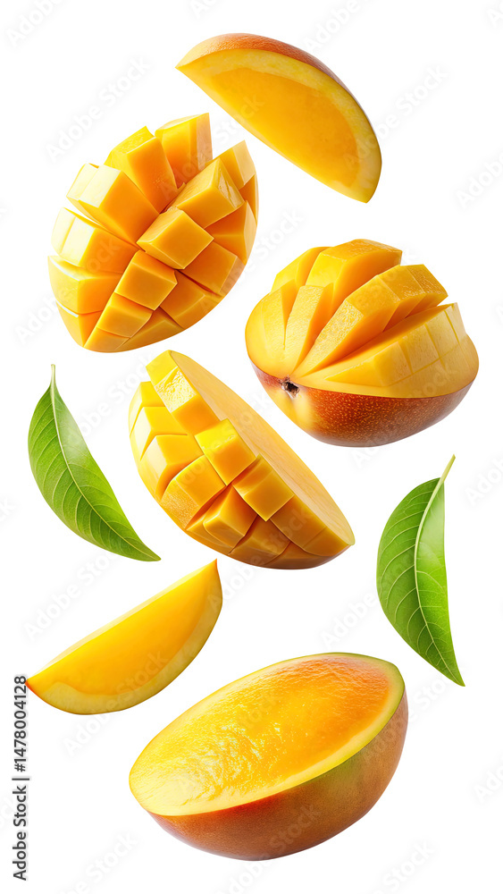 flying mango fruit and half slices isolated on transparent background Remove png, Clipping Path