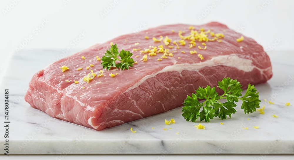 Fototapeta premium Raw Steak with Parsley and Lemon Zest on Marble
