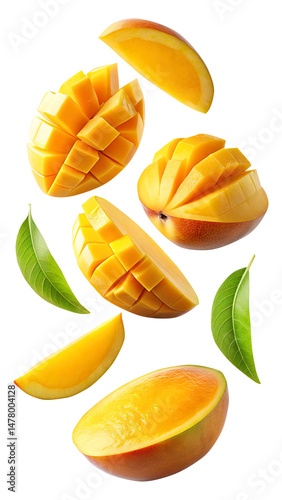 Obraz na płótnie flying mango fruit and half slices isolated on transparent background Remove png, Clipping Path w salonie