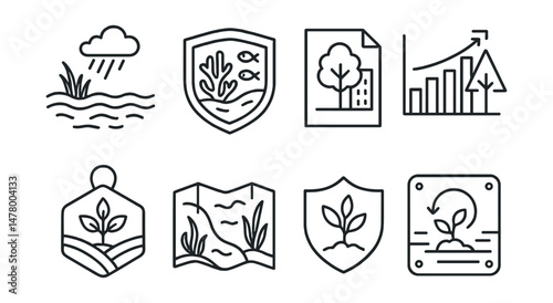Line style icons of nature-based solutions: wetlands for flood icon, coral reef protector badge, urban tree canopy file, forest as sink chart, agroecology patch tag, blue carbon map, native species