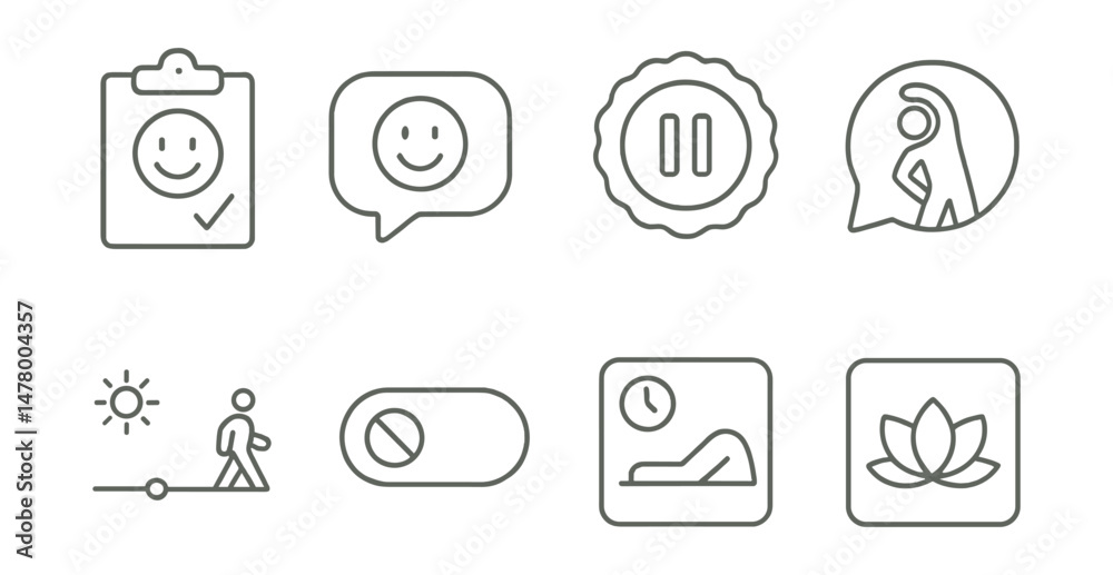 Line style icons of check-ins and well-being: wellness check-in icon, “how are you doing?” prompt, time to pause badge, stretch reminder bubble, mood and pace slider, no push goals toggle, break Line style icons of check-ins and well-being: wellness check-in icon, “how are you doing?” prompt, time to pause badge, stretch reminder bubble, mood and pace slider, no push goals toggle, break