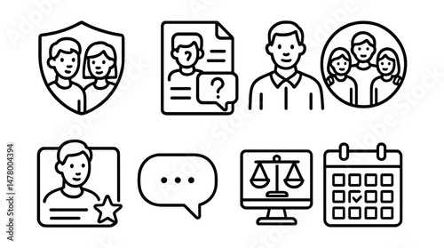 Line style icons of digital mentorship: teen guides teen badge, ask for help file, adult ally icon, trust circle board, role model account tag, “let’s talk online” bubble, platform with integrity