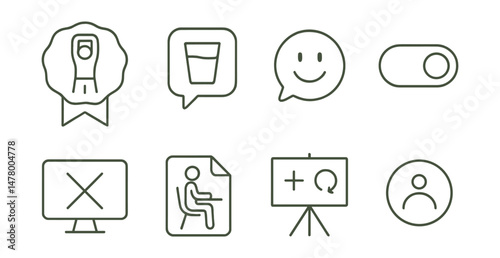 Line style icons of supportive habits through alerts: stretch reminder badge, drink water ping tag, affirming phrase bubble, “breathe now” toggle, break from screen alert, sit upright cue file,