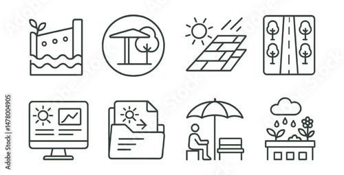 Line style icons of climate-resilient cities: green flood barrier icon, shade structure badge, reflective pavement tag, tree-lined street plan, climate dashboard screen, heat island mitigation file,