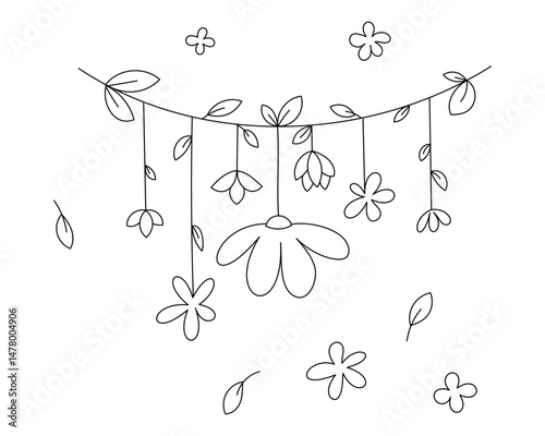 Linear black and white garland of lush spring and summer flowers. For cards, coloring books, congratulations, invitations