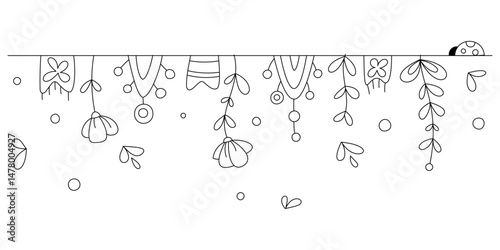 Horizontal festive garland with flowers, bunting and ladybug. Black and white illustration for design of cards, banners, flyers, invitations, coloring books