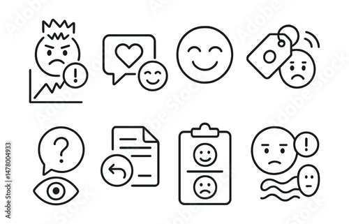 Line style icons of emotional impact of notifications: stress spike alert chart, joy from message icon, relief with silence badge, ping-induced anxiety tag, curiosity-driven open bubble, regret from