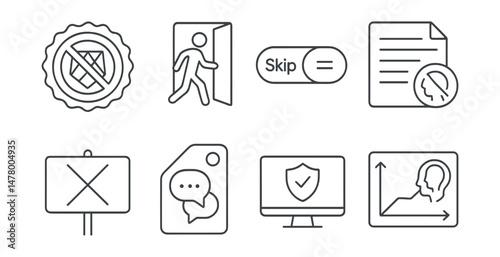 Line style icons of anti-manipulation design: no dark patterns badge, freedom to exit icon, skip is equal toggle, no guilt nudge file, cancel without shame board, respectful prompt tag, design with