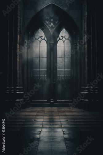 Dark and enchanting gothic doorway evoking mystery and history. Medieval cathedral interior.