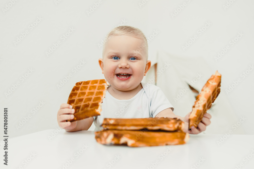 A Joyful Baby Happily Holding Delicious Waffles During Their Playful Snack Time, Radiating Cheerfulness and Innocence, Experiencing the Simple Pleasures of Food and Fun with Family