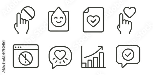 Line style icons of emotional respect in UX: no pressure tone icon, calming color mode badge, digital tone check file, respect before urgency tag, no shame alerts board, affirming microcopy symbol,