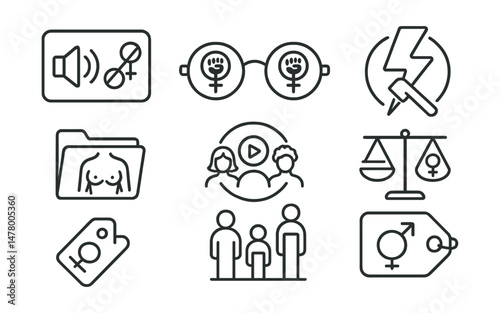 Line style icons of media and feminist critique: gendered ad alert, feminist lens glasses, stereotype breakdown icon, body image folder, inclusive media badge, representation chart, gender test tag,