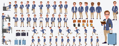 Man Character design. Front, side, back view and explainer animation poses. Character set with lip sync and facial expressions of Happy, angry, sad, Joy with Side walk cycle animation sequence sprite 