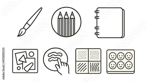 Line style icons of expressive art tools: watercolor brush icon, colored pencils badge, sketchbook file, clay in hands tag, collage materials board, finger painting bubble, texture stamp chart,