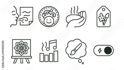 Line style icons of regulation through art: breathing and line file, doodle to calm badge, slow repetitive motion icon, color in silence tag, mandala coloring board, regulate with rhythm chart, art