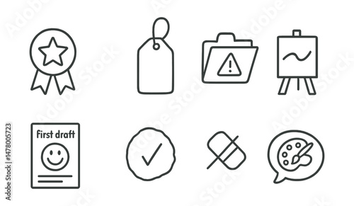 Line style icons of confidence-building art activities: try something new badge, “I finished!” tag, creative risk file, brave line board, first draft joy chart, imperfect is fine icon, no eraser