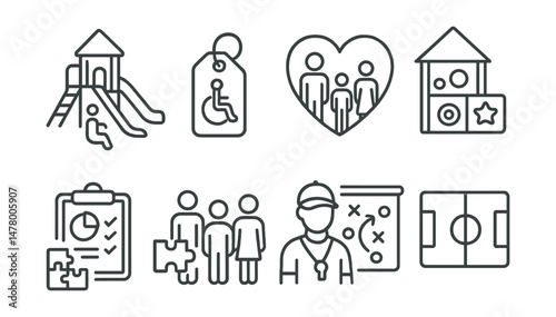 Line style icons of inclusion in play and sport: inclusive playground symbol, adaptive sport tag, all-ages recreation badge, sensory play zone, fair game chart, team diversity icon, coach inclusion