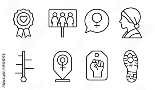 Line style icons of feminist history: suffragette badge, women’s march banner, historical feminist quote bubble, pioneer profile icon, timeline of rights chart, milestone marker file, feminist