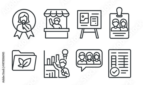 Line style icons of youth participation: teen performer badge, youth-led booth icon, student-made posters board, peer event committee tag, art by teens file, teen MC mic chart, youth photo gallery